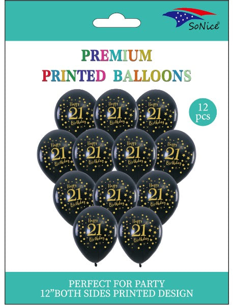 HAPPY 21ST BDAY PRINTED LTX BALLOONS 12CT