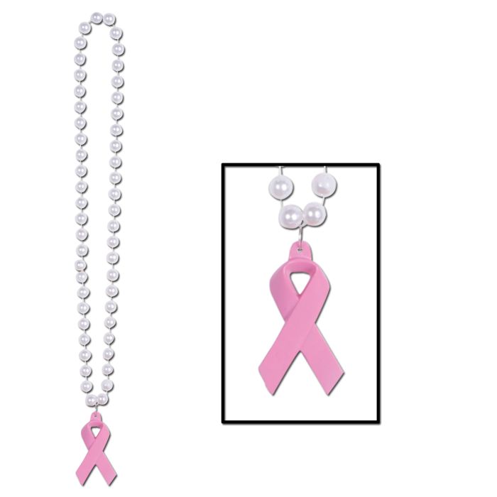 PEARL BEADS W/ PINK RIBBON MEDALLION
