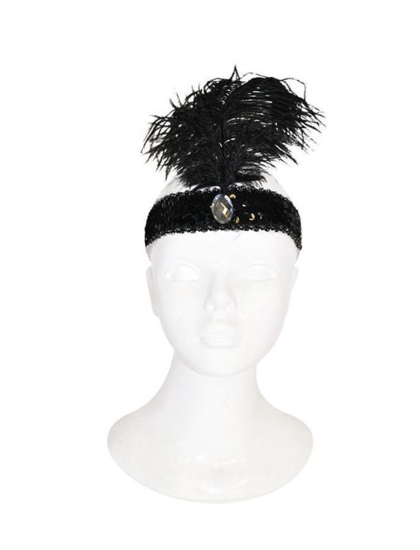 FLAPPER HB SEQUIN W/ FEATHERS BLK