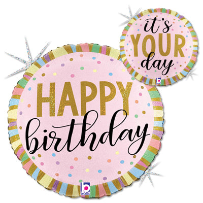 BIRTHDAY PASTEL STRIPES HOLO 18" MYLAR