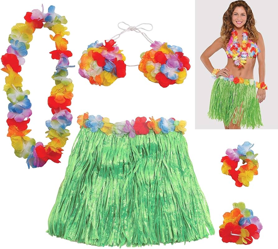 HULA SKIRT W/ ACCESSORIES GREEN ADULT