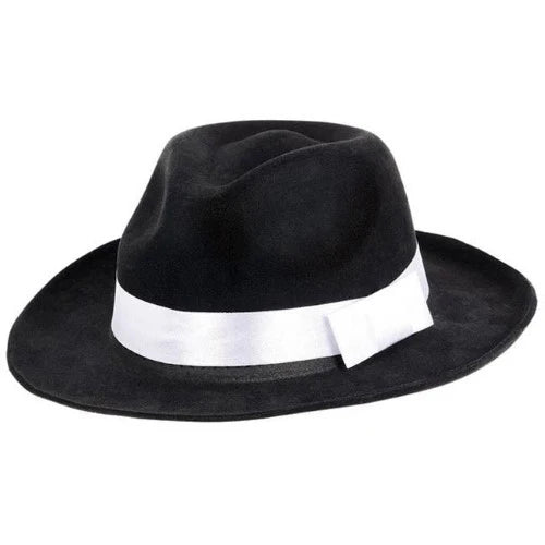 BLACK GANGSTER HAT W/ WHITE