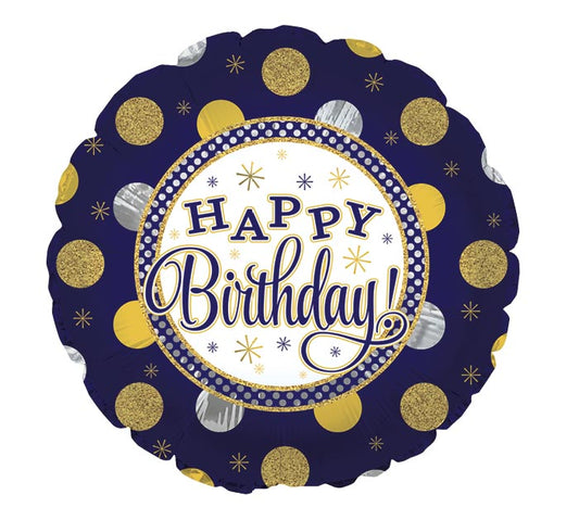 HBD NAVY & GOLD DOTS 18" MYLAR