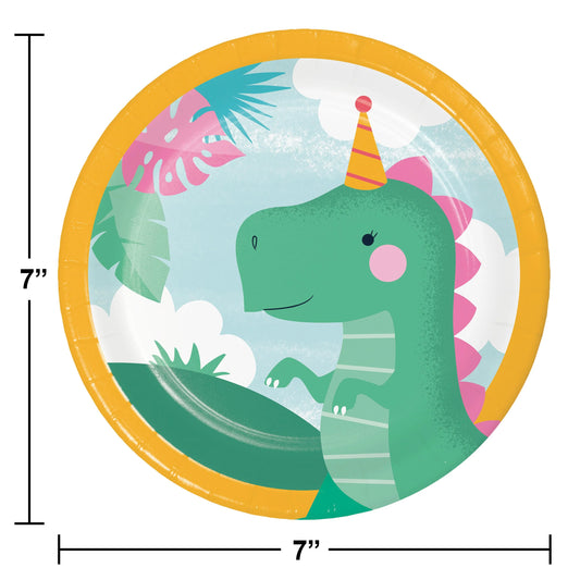 GIRL DINO PARTY 7" PPR PLATE 8CT