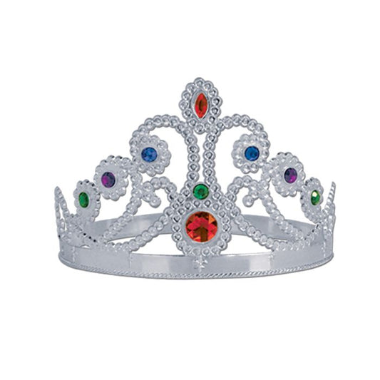 PLASTIC JEWELED QUEENS TIARA SILVER