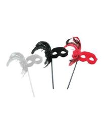 MASQ MASK ON STICK W/ FEATHERS-ASST