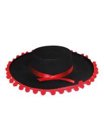 SPANISH HAT BLK W/ RED POMS