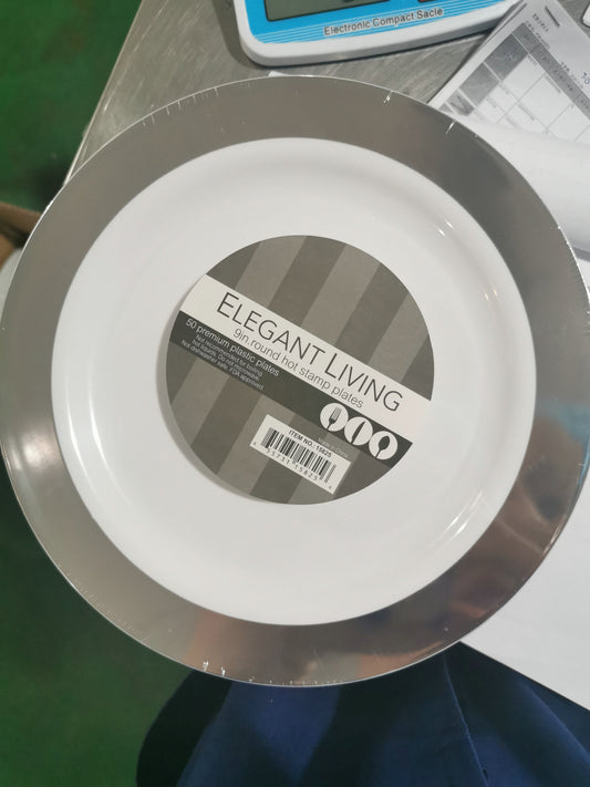9" WHITE PLATE W/ SOLID SILVER HS 50CT