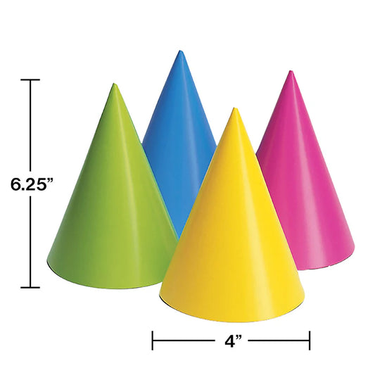 PARTY HATS ASST NEON COLORS 8CT
